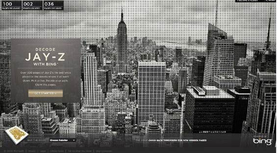 Tekst "Decode Jay-Z with Bing" foran en sort/hvitt storby