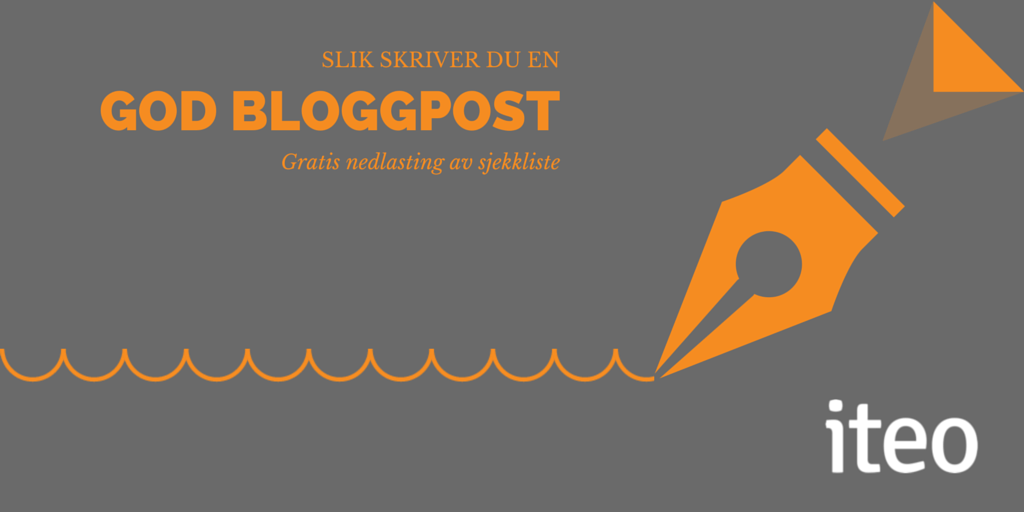 Grå illustrasjon med oransje penn og tekst "Slik skriver du en god bloggpost. gratis nedlasting av sjekkliste"