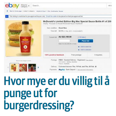 Skjermbilde av artikkel "Hvor mye er du villig til å punge ut for burgerdressing" med skjermbilde fra dressing som blir solgt på ebay
