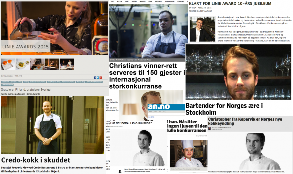 Skjermdump av mange ulike artikler om Koker i Linie Awards 2015