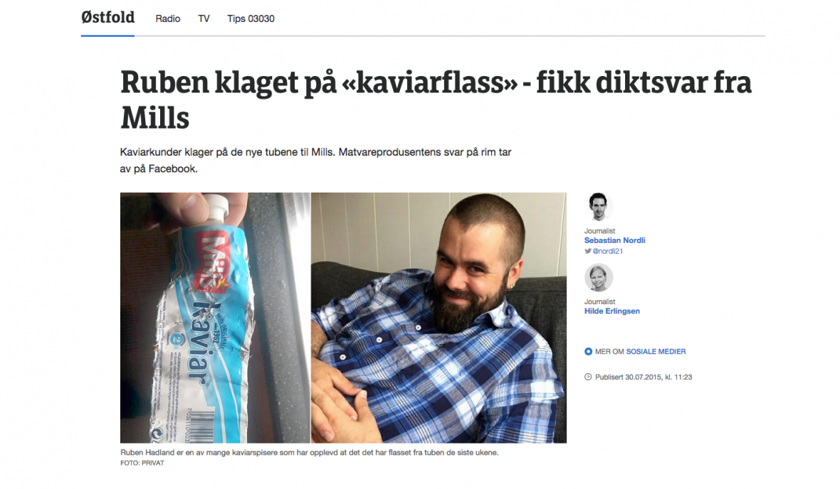 Skjermdump fra NRK Østfold hvor det står "Ruben klaget på "kaviarflass" - fikk diktsvar fra Mills med bilde av en flassen kaviartube og Ruben