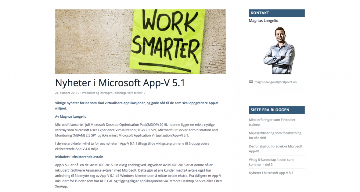 Skjermdump av artikkel "Nyheter i Microsoft App-V 5.1" med bilde av en post-it lapp hvor det står "Work Smarter"