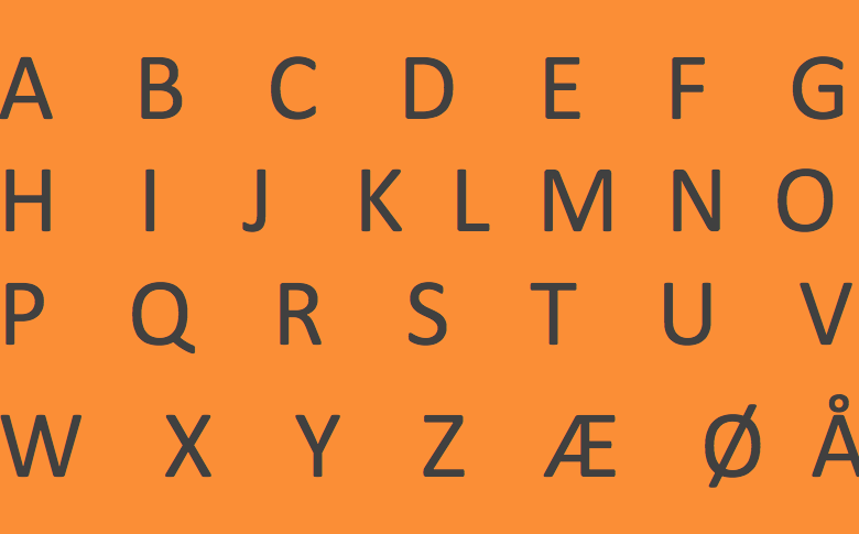 Hele alfabetet på oransje bakgrunn, fra A til Å