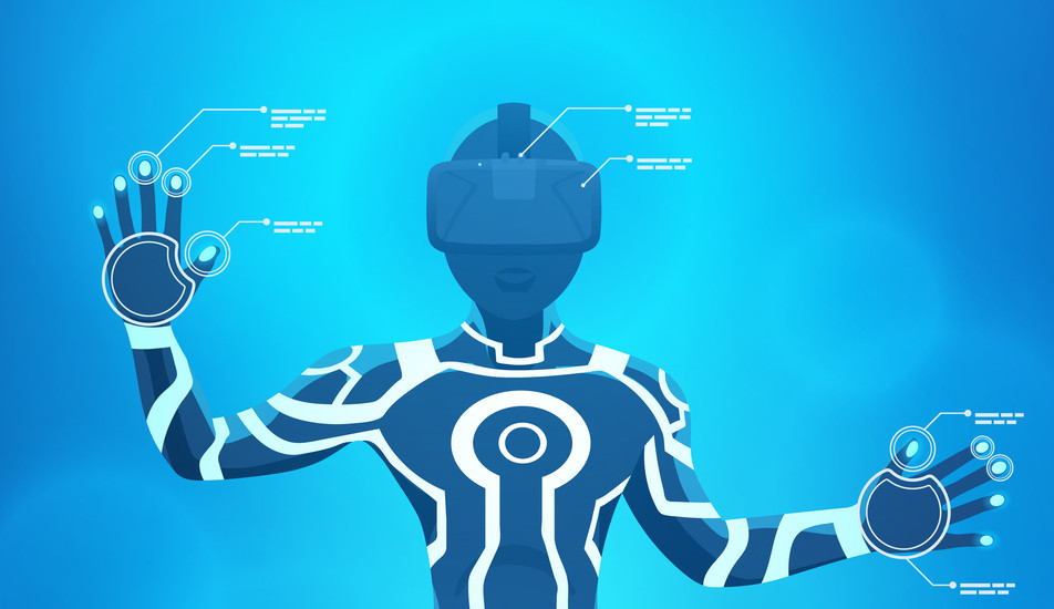 Illustrasjon av futuristisk, blå person med VR-briller på