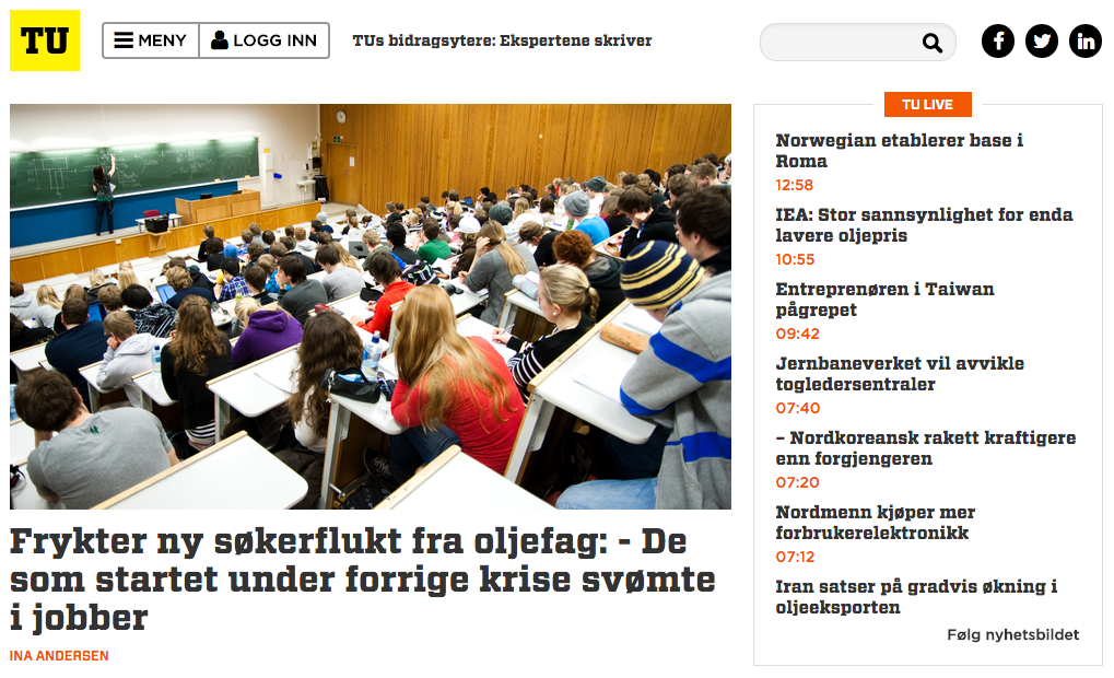 skjermdump av Teknisk Ukeblad med tittel "Fryker ny søkerflukt fra oljefag" med bilde av mange elever i et auditorium