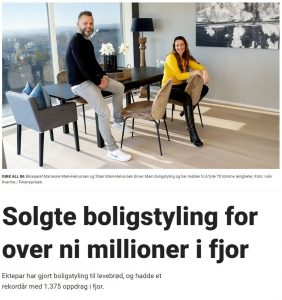 Utklipp fra Dagbladet med bilde av ekteparet Marianne og Stian Main-Halvorsen som driver Main boligstyling.