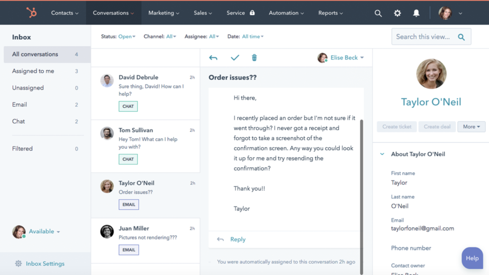 Skjermbilde av brukergrensesnittet til HubSpot Conversations