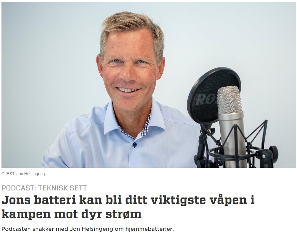 Kronikk "Jons batteri kan bli ditt viktigste våpen i kampen mot dyr strøm" med bilde av Jon Helsingeng bak mikrofon
