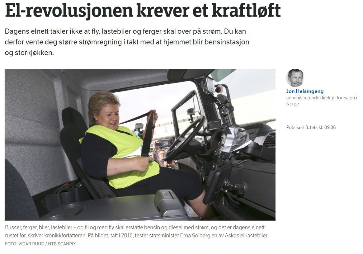 Skjermdump av artikkel med tittel "El-revolusjonen krever et kraftøft" med bilde av Erna Solberg i førersetet på en lastebil
