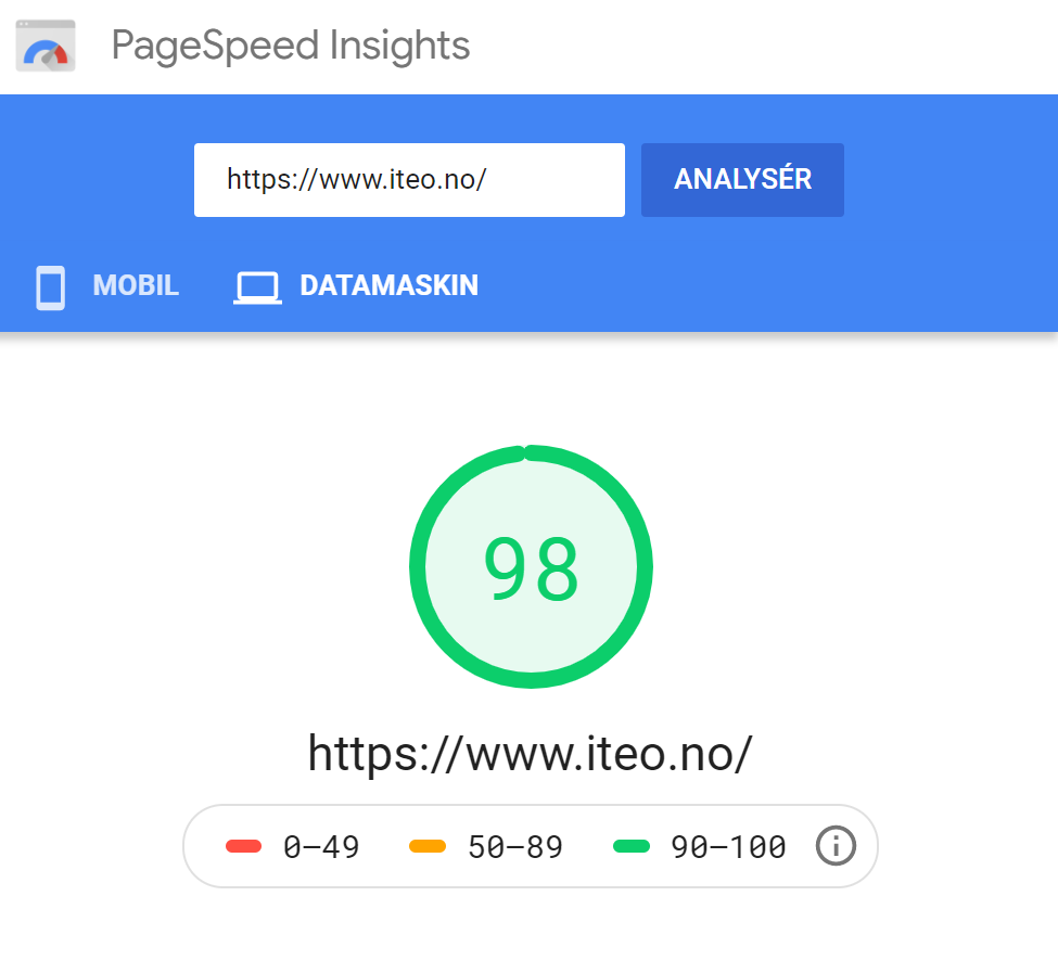 Skjermbilde av Google Page Speed som viser at Iteo.no laster veldig raskt